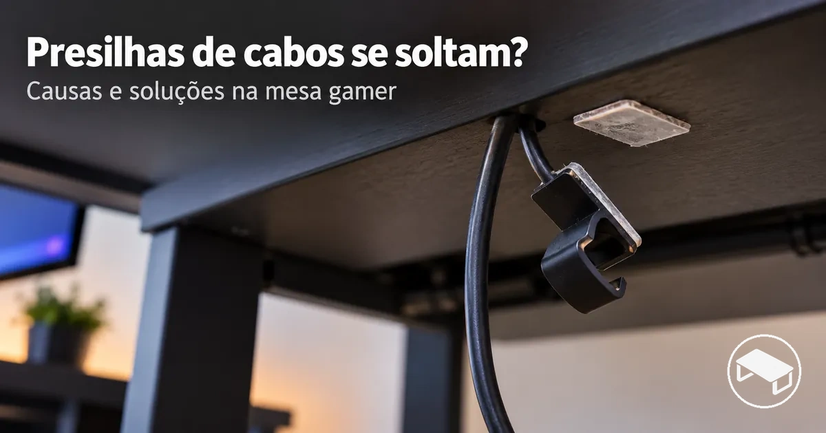 Presilha adesiva solta sob uma mesa gamer, com um cabo pendurado ao lado do ponto de fixação