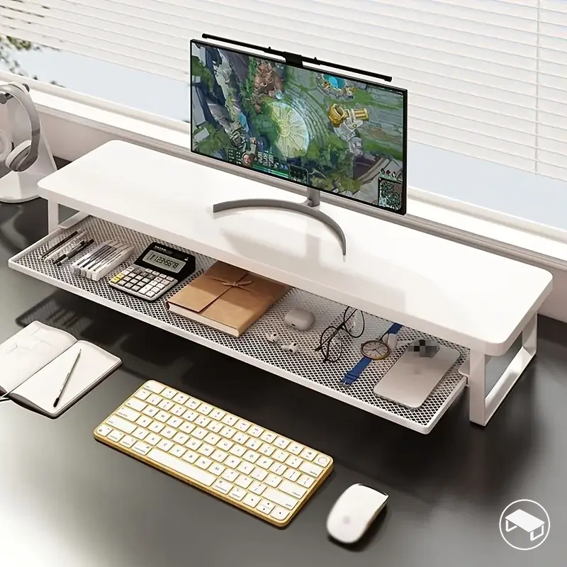 Base elevatória de mesa para monitor com dois níveis e bandeja de armazenamento em tela metálica