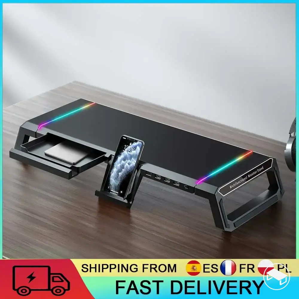 Base elevatória dobrável RGB para monitor com quatro portas USB e bandeja de armazenamento