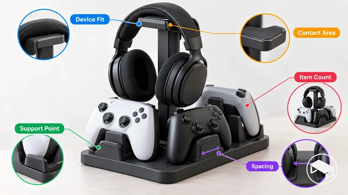 Suportes de headset e controle anotados mostrando áreas de contato, capacidade e espaçamento para sustentação segura