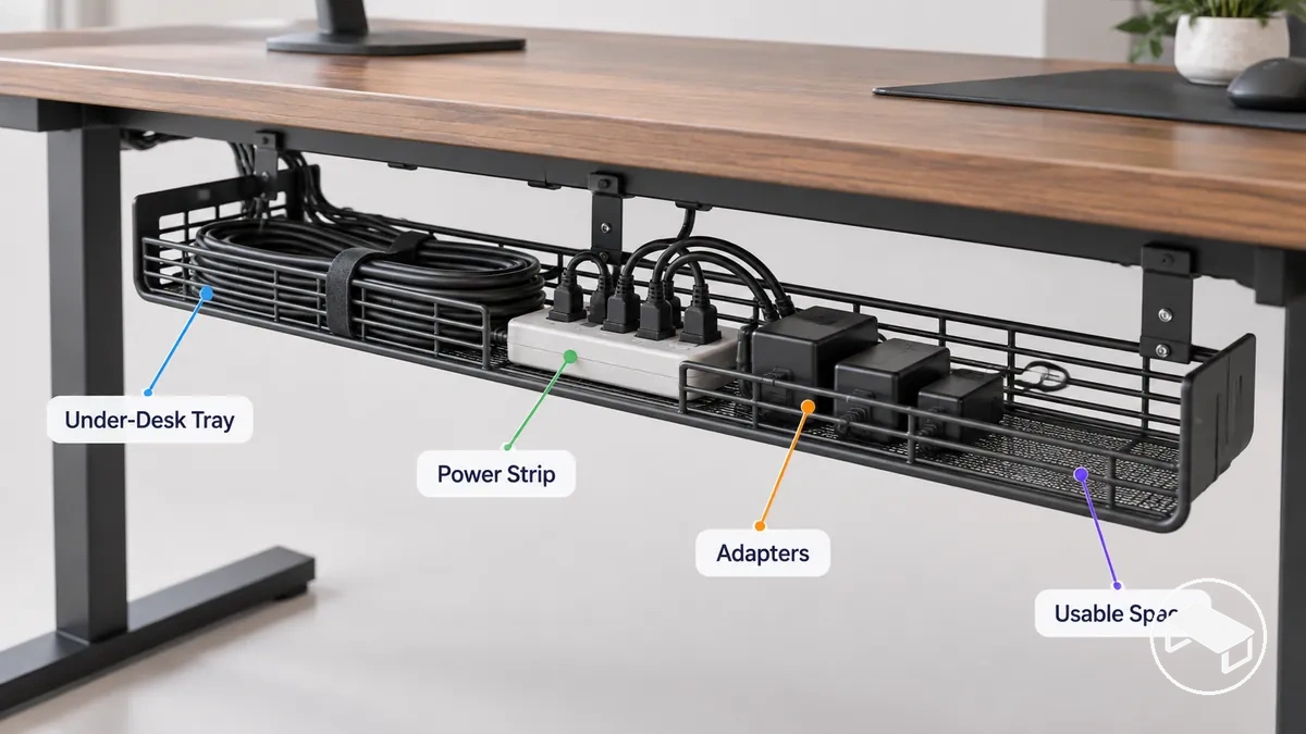 Bandeja de cabos sob a mesa contendo cabos agrupados, um filtro de linha e adaptadores sob uma mesa gamer