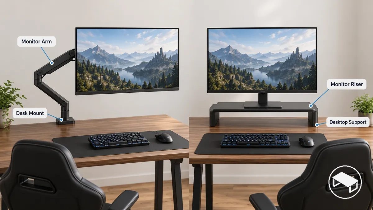 Monitor gamer sustentado por um braço de monitor fixado à mesa em comparação com um monitor gamer sobre um elevador de mesa