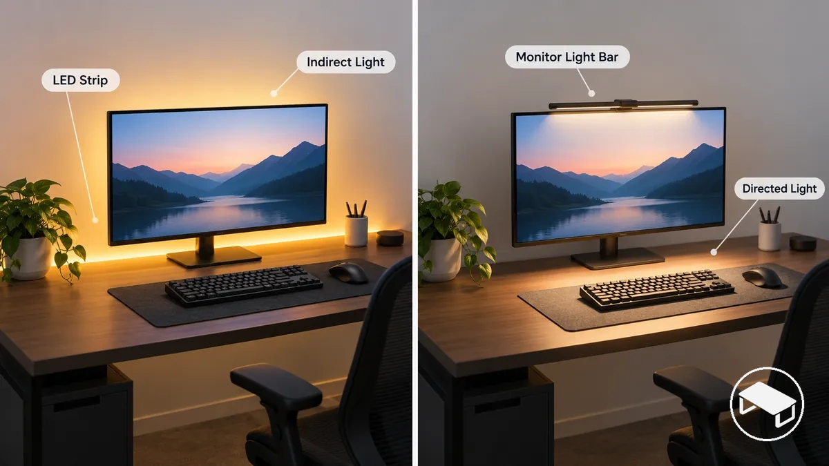 Mesa gamer comparando uma fita LED atrás do monitor com luz indireta de fundo e uma barra de luz para monitor direcionando luz para a superfície de trabalho