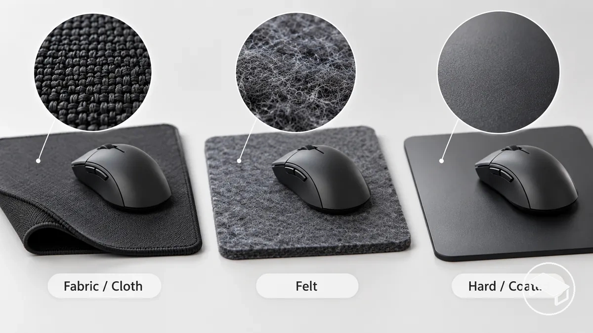 Amostras de mouse pads estendidos para mesa gamer mostrando texturas de superfície em tecido, feltro e superfícies lisas rígidas e revestidas