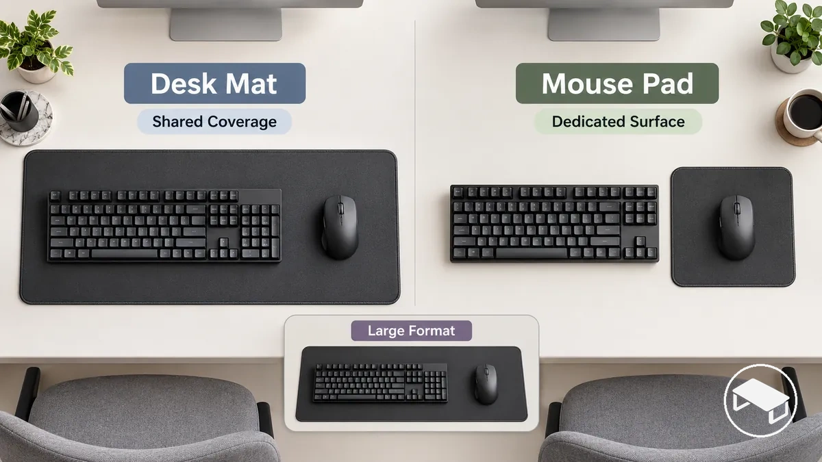 Mouse pad estendido sob um teclado e um mouse ao lado de um mouse pad convencional menor que oferece uma área dedicada ao mouse