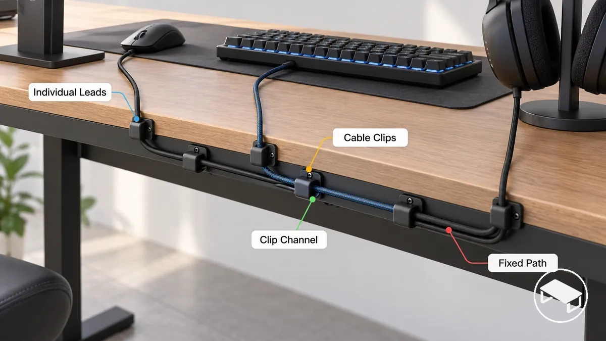 Presilhas de cabo na mesa guiando cabos individuais de periféricos ao longo de um caminho fixo sob uma mesa gamer