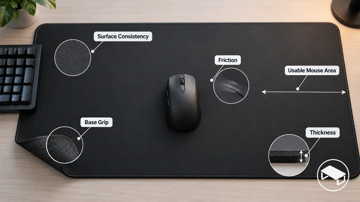 Mouse pad estendido usado com um mouse gamer, mostrando uma área útil consistente para o mouse e contato estável com a superfície da mesa