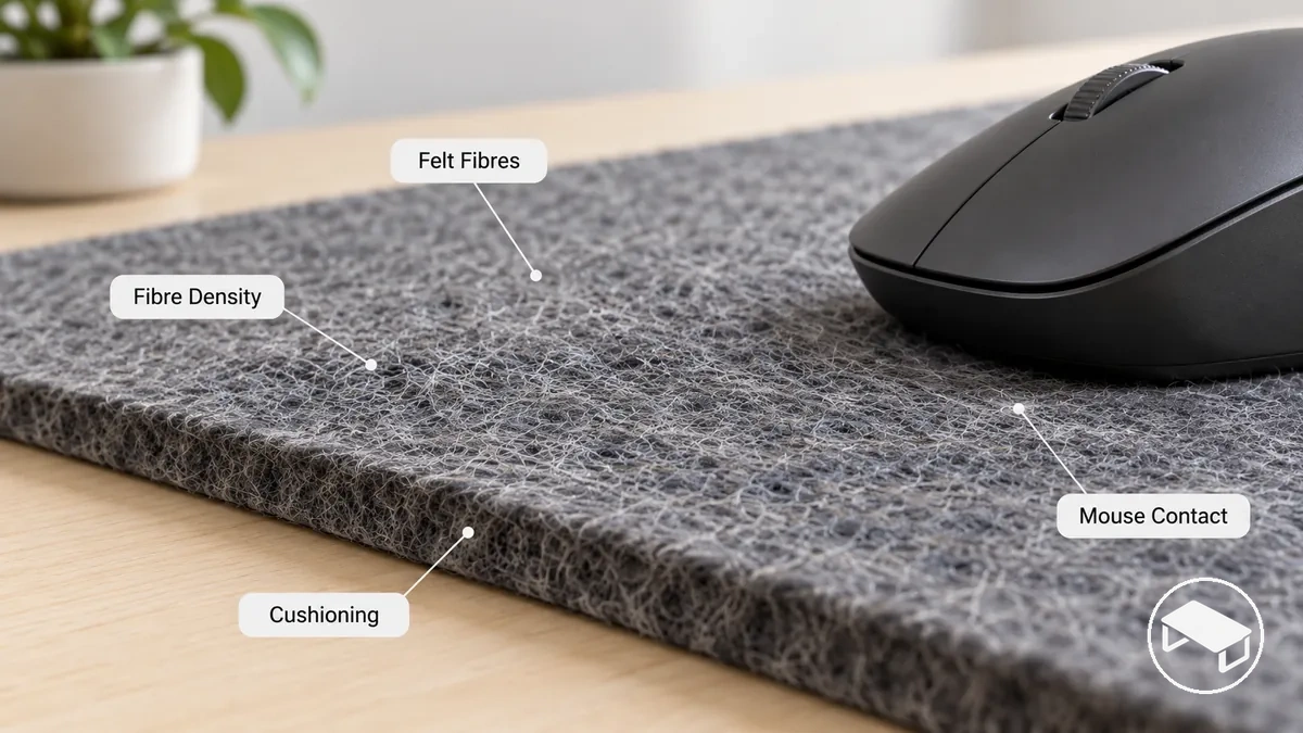 Detalhe de mouse pad estendido para mesa gamer em feltro mostrando fibras visíveis, espessura da superfície e área de contato do mouse gamer
