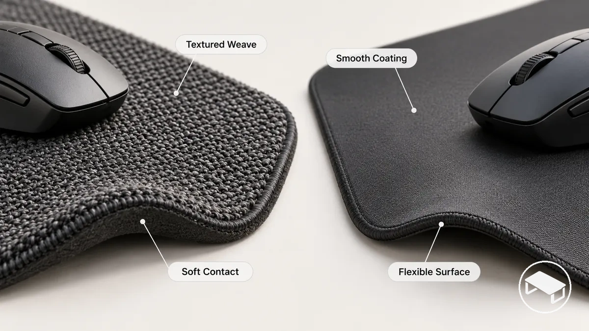 Detalhe de superfícies de tecido de mouse pad estendido para mesa gamer mostrando pano tecido texturizado e pano revestido mais liso