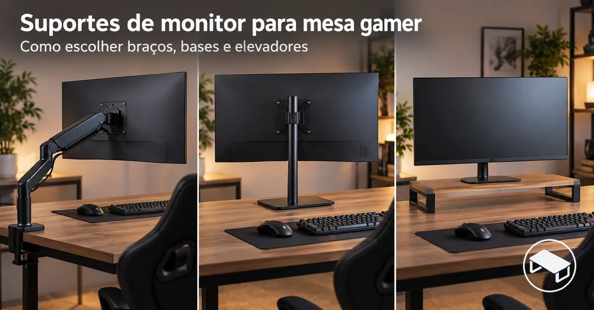 Opções de suporte de monitor para mesa gamer, incluindo braço ajustável, base de mesa e elevador de monitor