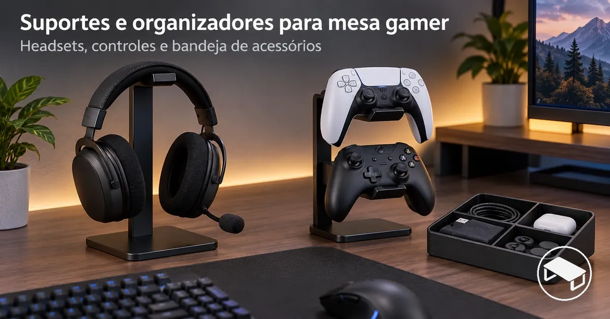 Mesa gamer com suporte para headset, suportes para controles e uma pequena bandeja organizadora de acessórios