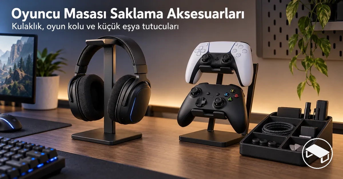 Kulaklık standı, oyun kolu tutucuları ve küçük aksesuar düzenleme tepsisi bulunan oyuncu masası
