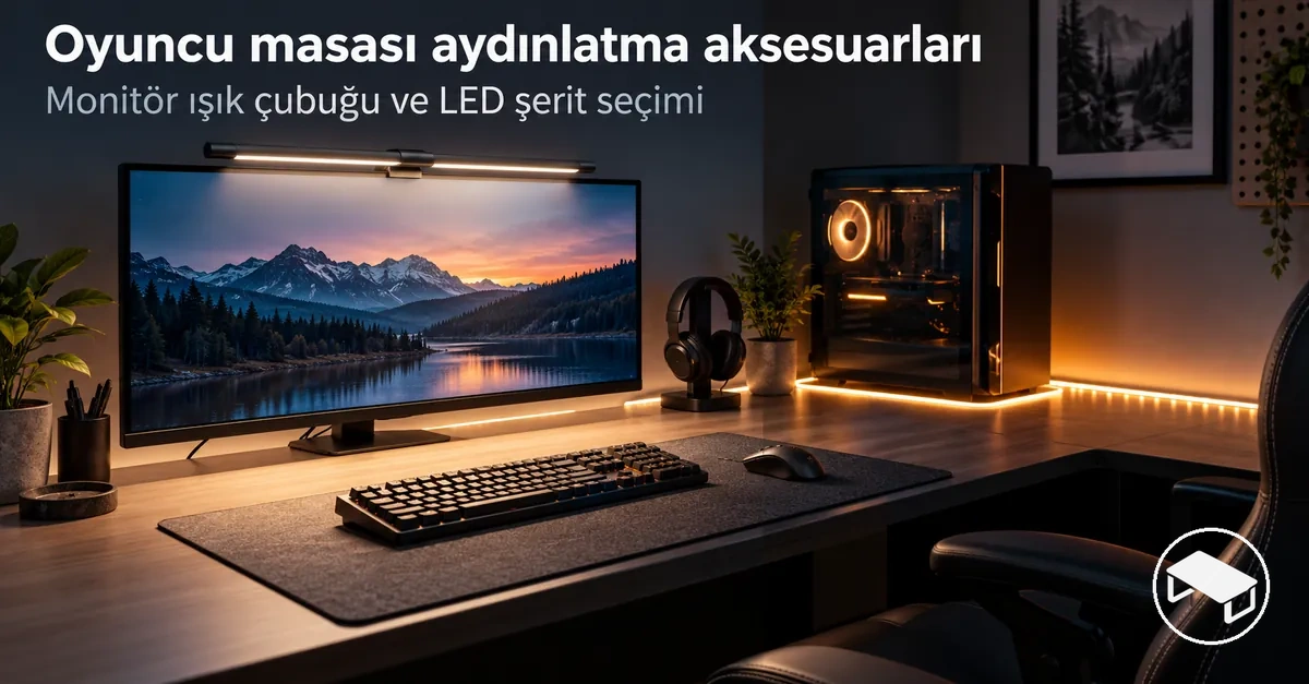 Monitör ışık çubuğu ve masa yüzeyinin çevresindeki LED şeritlerle aydınlatılmış oyuncu masası