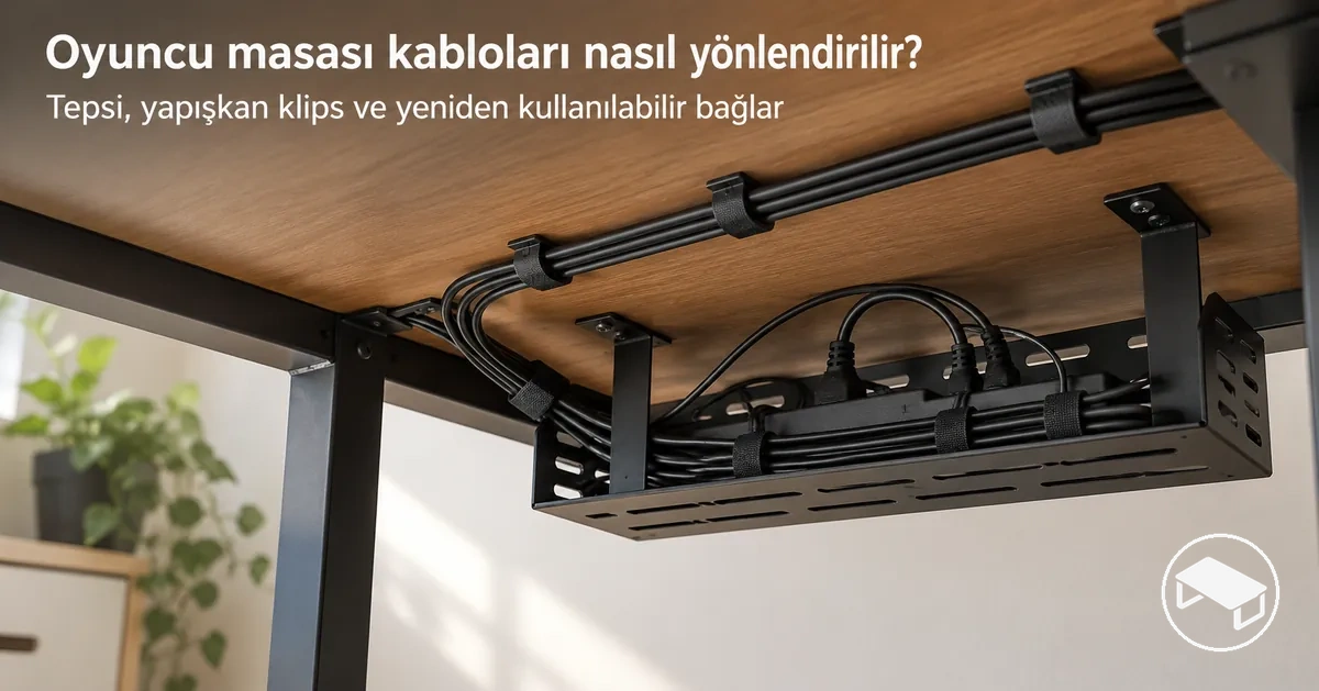 Oyuncu masasının altında kablo tepsisi, yapışkan klipsler ve yeniden kullanılabilir kablo bağlarıyla yönlendirilmiş güç ve çevre birimi kabloları