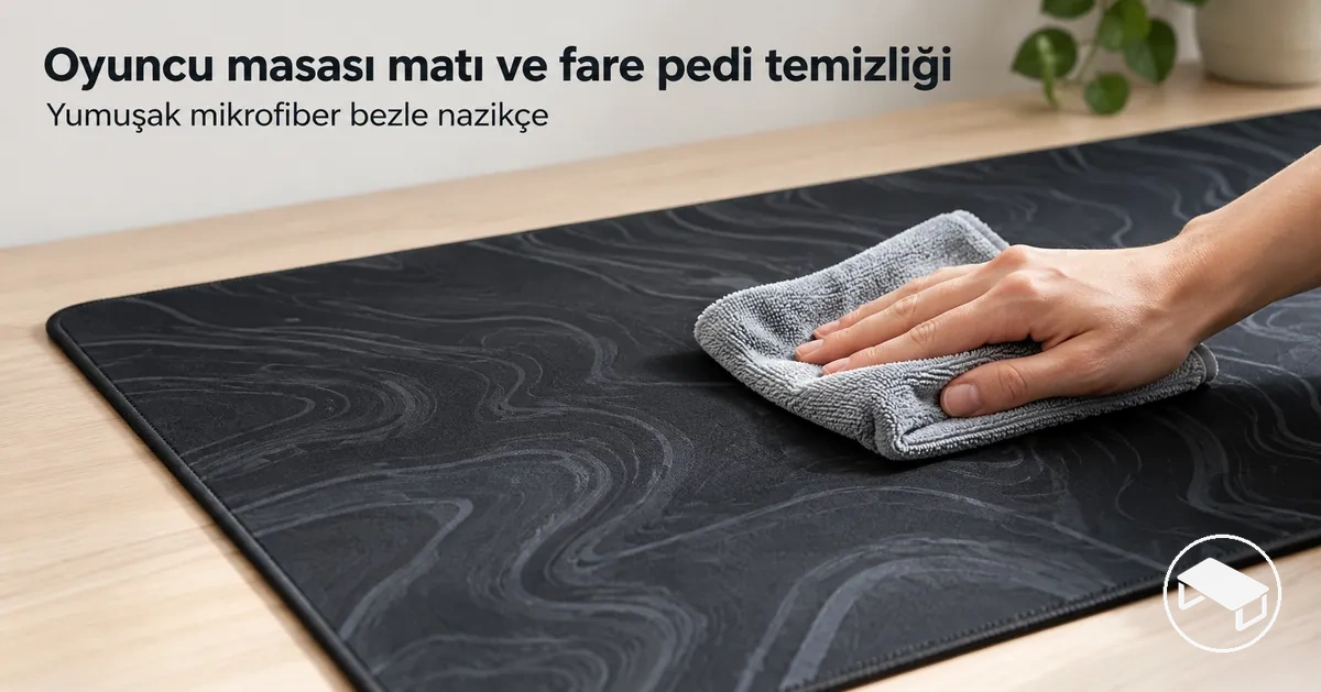 Düz bir masa üzerinde yumuşak mikrofiber bezle nazikçe temizlenen oyuncu masası matı