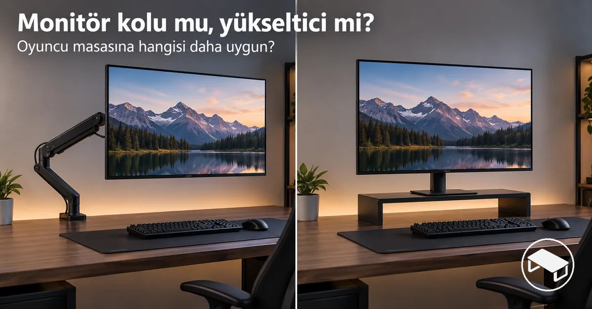 Oyuncu masalarında yan yana gösterilen monitör kolu ve monitör yükselticisinin farklı destek ve yerleşim biçimleri