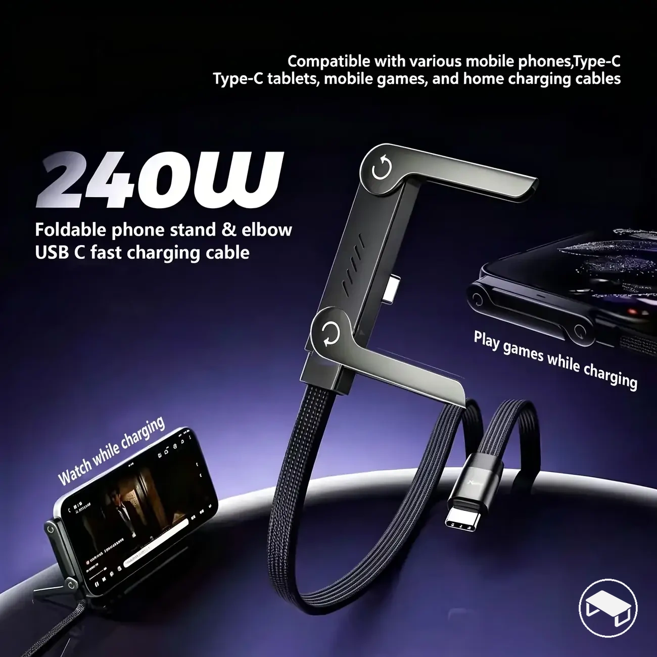 240 W şarj gücünü destekleyen, entegre katlanabilir standlı USB-C - USB-C şarj kablosu