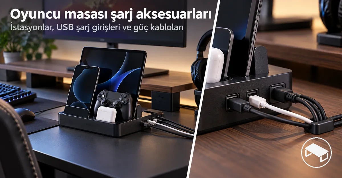 Masaüstü şarj istasyonu, USB şarj bağlantı noktaları ve düzenlenmiş güç kabloları bulunan oyuncu masası