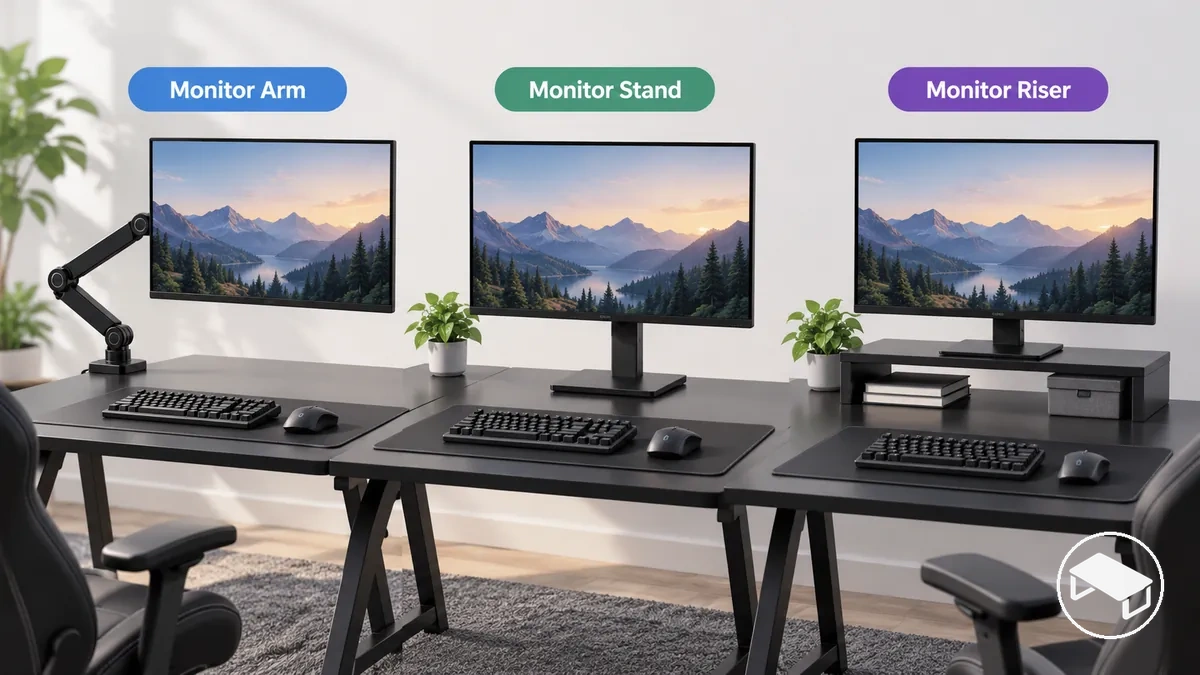 Monitör kolu, monitör ayağı ve monitör yükselticisi üç oyuncu masası monitör destek türü olarak gösteriliyor