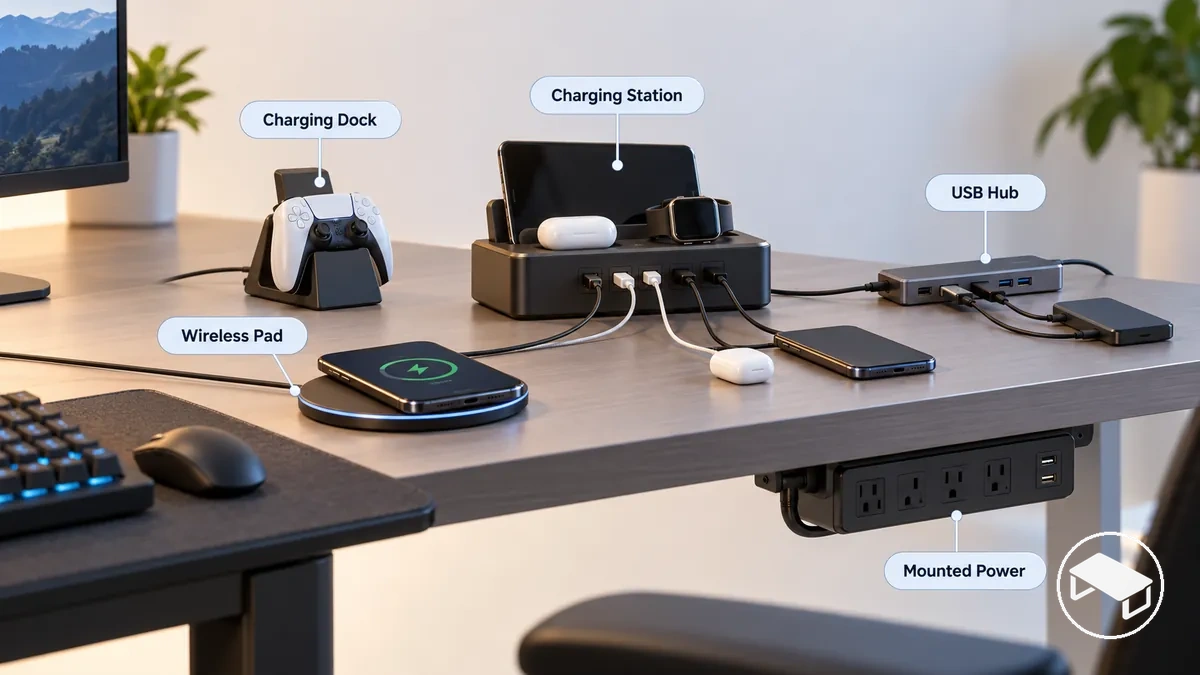 İşlevlerine göre gösterilen oyuncu masası şarj istasyonu, şarj yuvası, USB hub, kablosuz şarj pedi ve monte güç erişimi